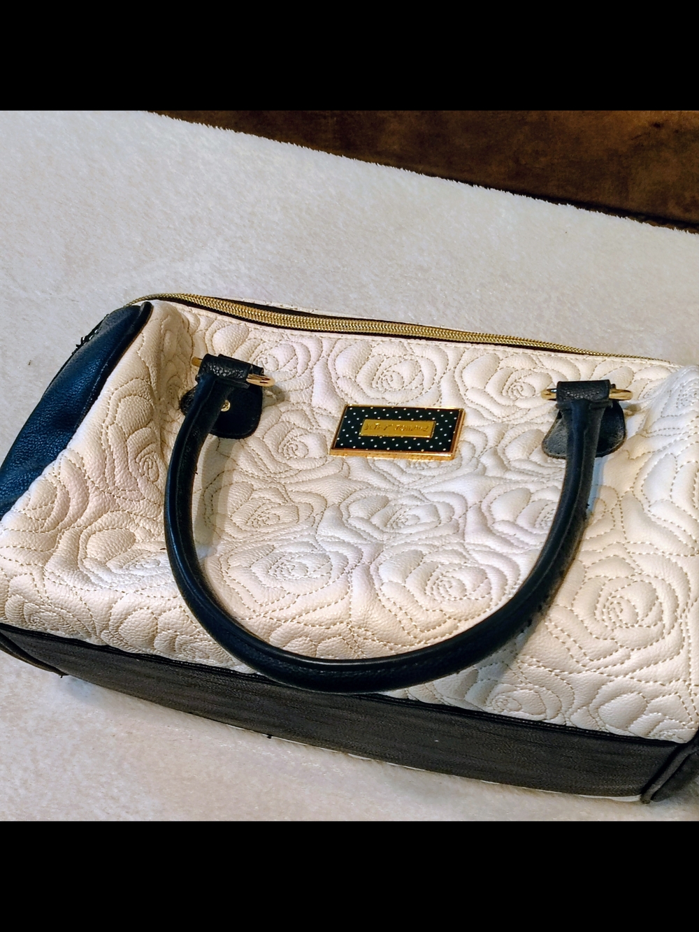 Quilted Rose-Pattern Hand Bag with Black Trim By Betsy johnson